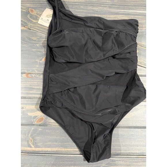 One-Shoulder Black Swimsuit With Mesh Detail By Runtlly - Size XXL - Picture 1 of 7